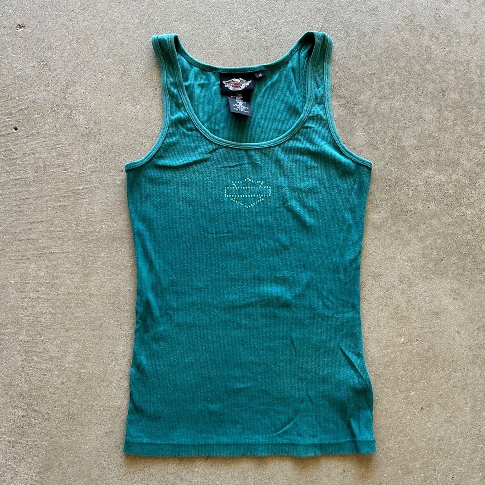 Vintage Harley Davidson Tank Top Womens Medium Green Y2K Rhinestone Ribbed Shirt